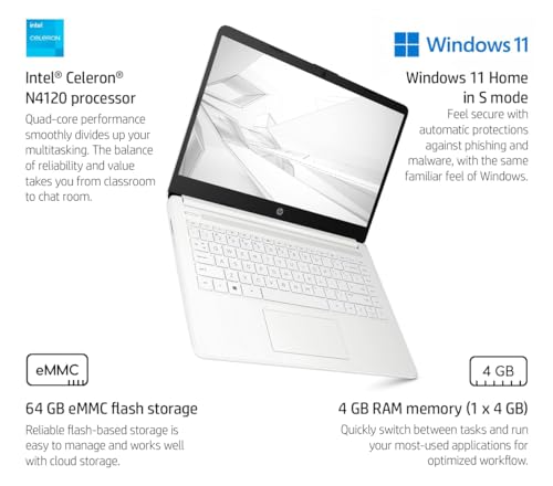 HP Newest 14" Ultral Light Laptop for Business. Intel Quad-Core N4120(> N4020), 8GB RAM, 192GB Storage, 1 Year Office 365, (64GB eMMC+128GBSD Card) Webcam, HDMI, WiFi, USB-A&C, Win 11 S/OLY