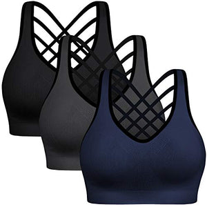 Padded Strappy Sports Bras for Women - Activewear Tops for Yoga Running Fitness Color Black Gray Blue Size M