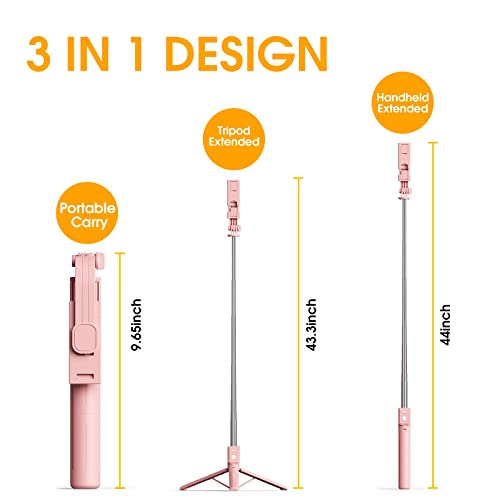 Selfie Stick Tripod with Remote 44 inch Bluetooth Selfie Stick Wireless Extendable Upgrade Portable Lightweight Tripod for iPhone 14 13 12 11 Pro Max Samsung Galaxy S22 S21 Android (Pink)