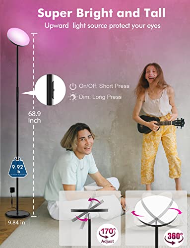 Smart RGB LED Floor Lamp Works with Alexa Google Home, WiFi Remote Modern Tall Standing Light, Super Bright 2000LM Color Changing & Dimmable Sky Torchiere for Living Room, Bedroom (Black)