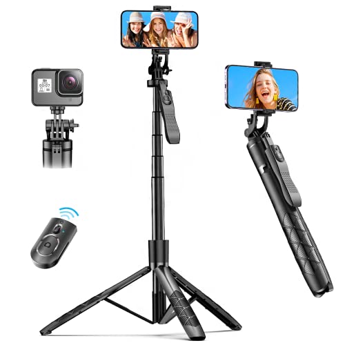 61" Selfie Stick Tripod, All in One Extendable Phone Tripod Stand with Wireless Remote 360° Rotation for iPhone and Android Phone Selfies, Video Recording, Vlogging, Live Streaming, Aluminum