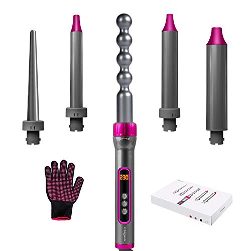 Curling Wand,Hair Curling Iron,Chignon Curling Iron Set with 5 Interchangeable Ceramic Barrels and Led Temperature Adjustment, Automatic Shut-Off Dual Voltage, with Thermal Gloves