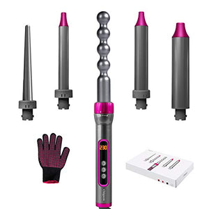 Curling Wand,Hair Curling Iron,Chignon Curling Iron Set with 5 Interchangeable Ceramic Barrels and Led Temperature Adjustment, Automatic Shut-Off Dual Voltage, with Thermal Gloves