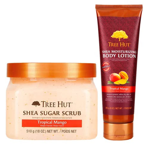 Tree Hut Sugar Body Scrub 18 Ounce Tropical Mango bundle with Moisturizing Body Lotion Tropical Mango, 9 oz ( Pack of 2 )