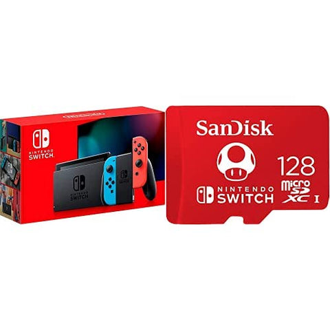 Nintendo Switch with Neon Blue and Neon Red Joy‑Con - HAC-001(-01) + SanDisk 128GB MicroSDXC UHS-I Card