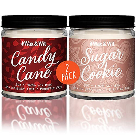Wax & Wit Christmas Decor - Candy Cane Candle - Sugar Cookie Candle - Candle Gift Set - Christmas Candles 9oz (2 Pack)
