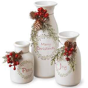 National Tree Company Pre-lit Artificial Christmas 3-Piece Set Flocked with Mixed Decorations, Ceramic White Bottles