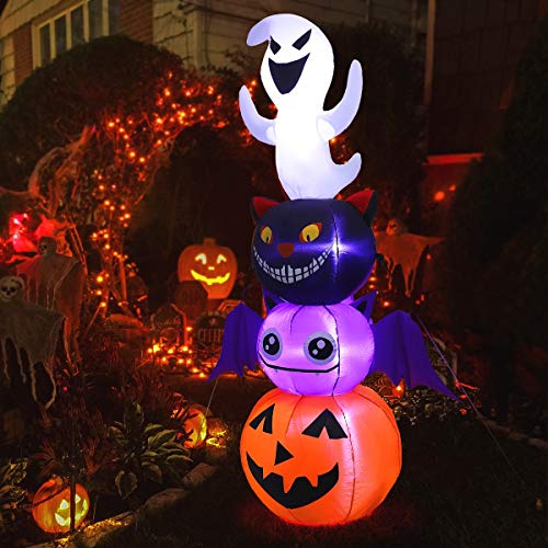 MAOYUE 6ft Halloween Inflatables Halloween Blow Up Yard Decorations Stacked Pumpkin Ghost Black Cat Bat Tumbler 4in1 Halloween Decorations Light Up Outside Decor Built-in LED