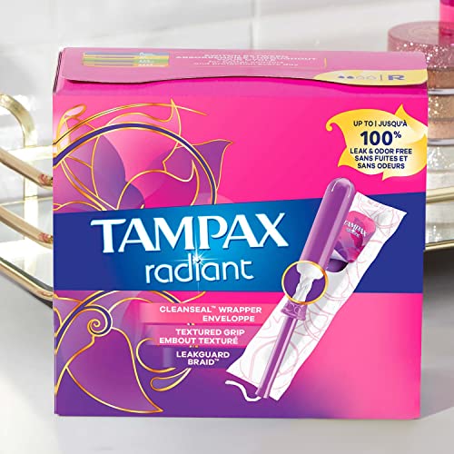 Tampax Radiant Plastic Tampons, Regular/Super Absorbency Duopack, 112 Count, Unscented, 28 Count, Pack of 4 (112 Count Total)