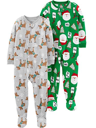 Simple Joys by Carter's Baby 2-Pack Christmas Fleece Footed Sleep and Play, Heather Grey Reindeer/Green Santa, 6-9 Months