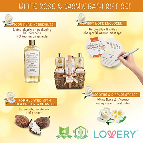 Home Spa Gift Basket - White Rose & Jasmine - Luxury 11 Piece Bath & Body Set for Women, Christmas Gift with Shower Gel, Bubble Bath, Body Lotion, Scrub, Bath Salt, 4 Bath Bombs, Loofah & Basket
