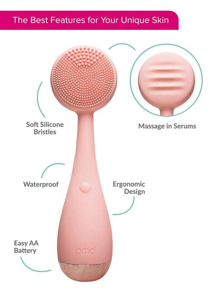PMD Clean - Smart Facial Cleansing Device with Silicone Brush & Anti-Aging Massager - Waterproof - SonicGlow Vibration Technology - Lift, Firm, and Tone Skin on Face and Body - Blush