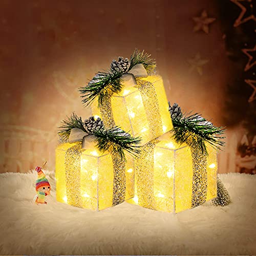 Hourleey Set of 3 Christmas Lighted Gift Boxes, Pre-lit 60 LED Light Up Present Boxes Ornament Outdoor Warm White Tinsel Boxes Decoration for Indoor Christmas Home Yard Lawn Decor