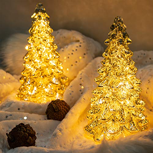 KI Store Lighted Glass Christmas Tree Figurine with Timer Set of 3 Mercury Glass Christmas DecorationBattery Operated for Centerpieces Window Tabletop Mantel