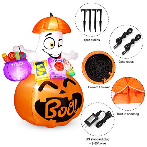 6FT Halloween Inflatable Pumpkin Ghost Carrying Candy Bag with Build-in LED Lights, Cute Halloween Pumpkin Blow Up Inflatables for Outdoor Indoor Yard Lawn Halloween Decorations