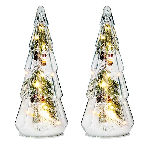Costyleen 2PCS Christmas Ornaments Set Tower Shaped Glass Xmas Tree Artificial Snow Decoration with LED Lights Home Table Decor Festive Gift 15in