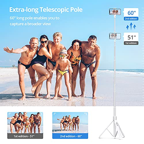 ATUMTEK 60" Selfie Stick Tripod, All in One Extendable Phone Tripod Stand with Bluetooth Remote 360° Rotation for iPhone and Android Phone Selfies, Video Recording, Vlogging, Live Streaming, White