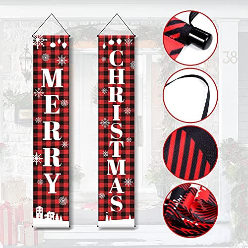 FROZZUR Christmas Xmas Set of 2 Porch Signs, Red Black Buffalo Plaid Decor Merry Christmas Door Banners Hanging Decorations for Home Yard Indoor Outdoor Front Door Wall, 13" x 71"