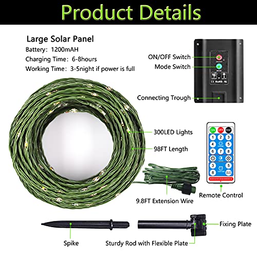 Gogsic Solar Outdoor String Lights with Remote, 108FT 300 LED Dual-Color 8 Lighting Modes Waterproof Fairy Twinkle Christmas Lights PVC Green Copper Wire for Christmas Tree Decor Multicolor&Warm White