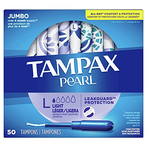 Tampax Pearl Tampons with Plastic Applicator, Light Absorbency, Unscented, 50 Count, Pack of 4 (200 Count Total)
