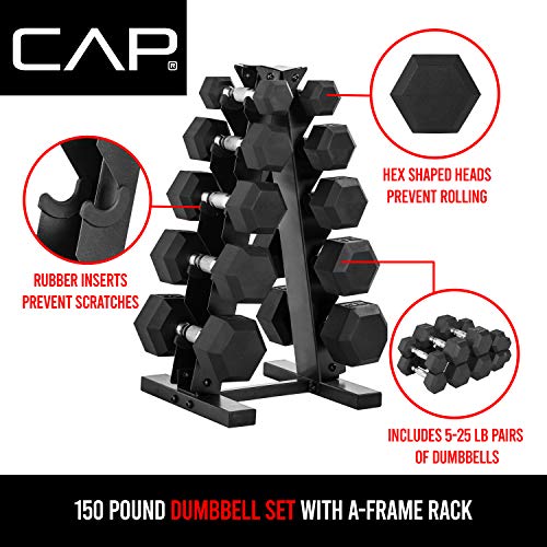 CAP Barbell 150-lb Hex Dumbbell Weight Set with Vertical Rack