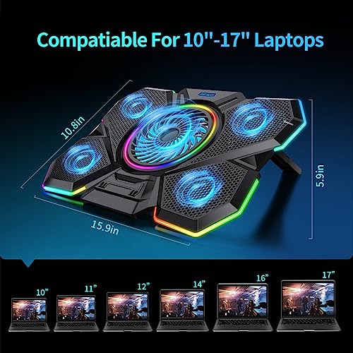 Laptop Cooling Pad, Gaming Laptop Cooler with 5 Quiet Fans and LED Lights (One-Click Close), Laptop Fan Cooling Pad Fits 12-17 Inch Laptop, 2 USB Ports, 7 Adjustable Height
