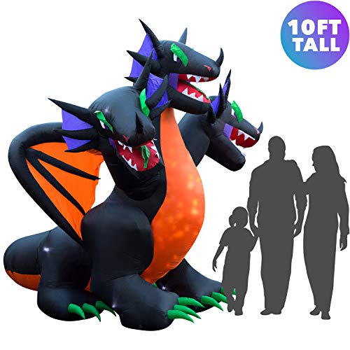 Holidayana 10 ft Halloween Inflatable 3-Headed Dragon Yard Decoration - 10 ft Tall Lawn Inflatable Decoration, Bright Internal Lights, Built-in Fan, and Included Stakes and Ropes