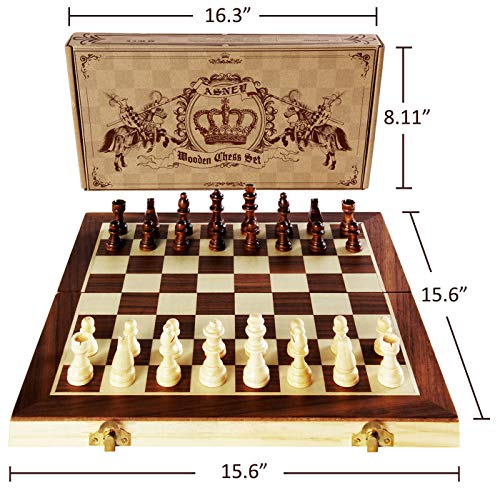 ASNEY Upgraded Magnetic Chess Set, 15" Tournament Staunton Wooden Chess Board Game Set with Crafted Chesspiece & Storage Slots for Kids Adult, Includes Extra Kings, Queens & Carry Bag