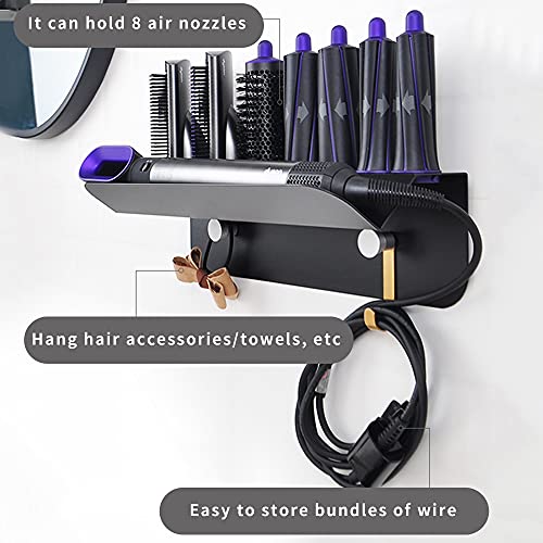Wall Mount Mulfunctional Holder for Dyson Airwrap Styler Hair Curling Iron Wand Barrels and Brushes, Sturdy Metal Storage Stand Rack with Cord Organizer Hook for Home Bedroom Bathroom Hair Salon