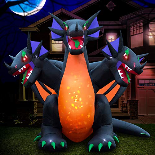 Holidayana 10 ft Halloween Inflatable 3-Headed Dragon Yard Decoration - 10 ft Tall Lawn Inflatable Decoration, Bright Internal Lights, Built-in Fan, and Included Stakes and Ropes
