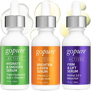 goPure Actives Facial Serum Trio Set - Hydrate & Smooth Skin Care Serum with Hyaluronic Acid For Youthful Skin - Firm & Lift Retinol Serum for Face - Brightening Vitamin C Serum - 3 Count x 1fl.oz