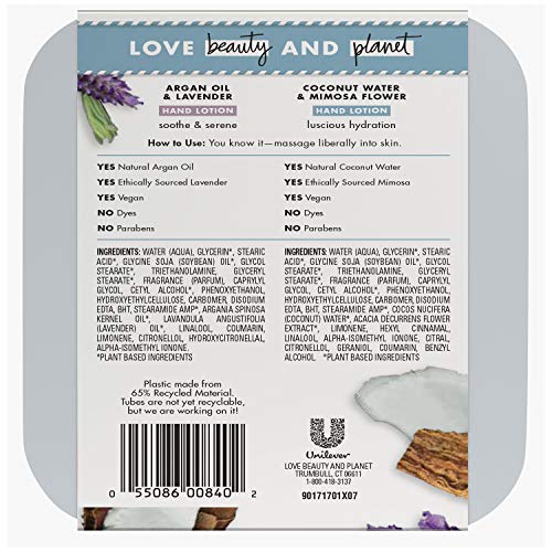 Love Beauty And Planet Hand Lotion Gift Set Coconut Water Mimosa + Lavender Argan Oil Vegan, Certified Cruelty Free, No Parabens, Sulfate Free 2 Count