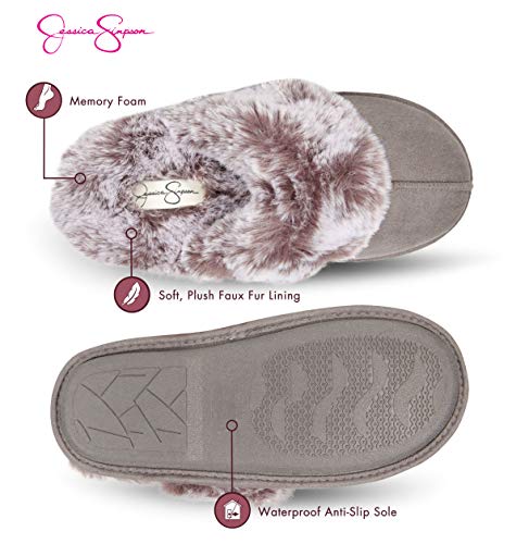 Jessica Simpson Women's Comfy Faux Fur House Slipper Scuff Memory Foam Slip on Anti-skid Sole, Grey, X-Large
