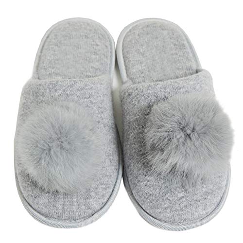 Cashmeren Real Fur Pom-Pom Slippers 100% Cashmere Memory Foam House Shoes with Non Slip Soles (Heather Grey, 8-10)