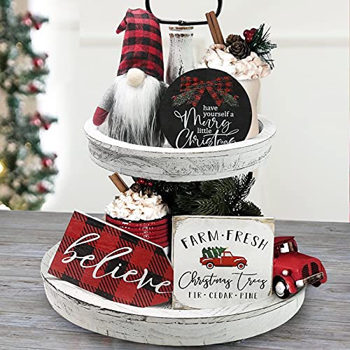Christmas Decor - Christmas Decorations Indoor - Believe Merry Christmas Wooden Signs & Buffalo Plaid Gnomes Plush Set - Farmhouse Rustic Tiered Tray Country Decor for Home Room Table Mantle Fireplace