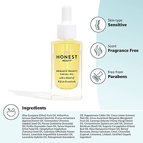 Honest Beauty Organic Beauty Facial Oil with Avocado + Apricot + Jojoba Oil | Dermatologist Tested + Hypoallergenic & Vegan + Cruelty free| 1 fl. oz.