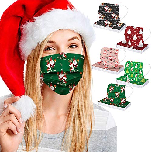 50PC 3Ply Adult Disposable Nonwoven Christmas Pattern Print Face_Mask,Protective Face Covering Fashion Balaclava Women