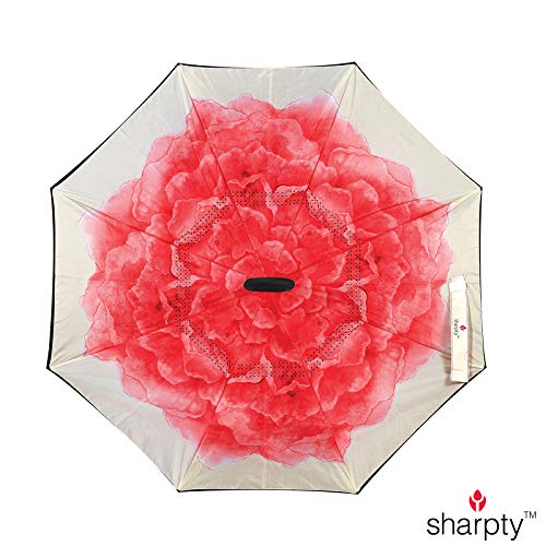 Sharpty Inverted Umbrella, Umbrella Windproof, Reverse Umbrella, Umbrellas for Women, Upside Down Umbrella with C-Shaped Handle (Red Lotus)