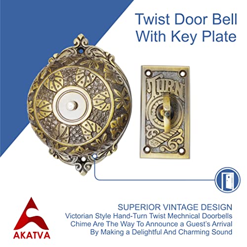 Akatva Vintage Twist Bell with Key Plate – Ring Chime – Doorbell Chime - Mechanical Doorbell – Ring Doorbell – Brass Twist Calling Bell – Hand Turn Doorbell - Old Fashioned Door Bell - Antique Brass