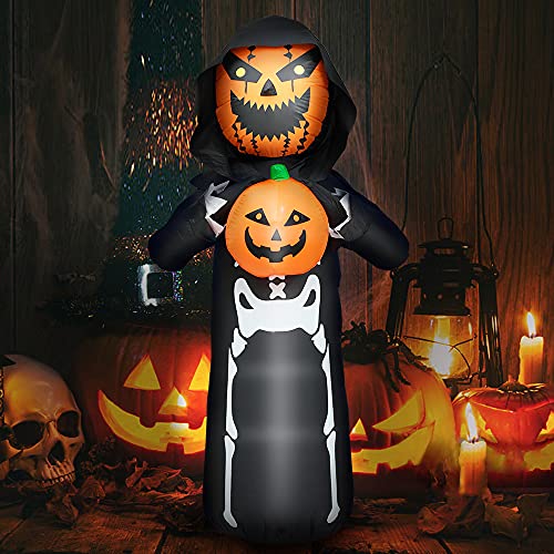Decalare 6FT Halloween Inflatable Ghost with Pumpkin Man Yard Decoration,Outdoor Halloween Inflatable Build-in LED Lights for Blow Up Inflatable Party Garden Decoration