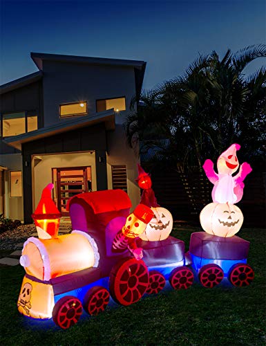 AJY 9 Feet Halloween Inflatable Train with Kittens White Ghosts/Pumpkin with LED Lights Blow up Lighted Yard Decor Giant Lawn Halloween Inflatable Home Garden Party Favor Decoration