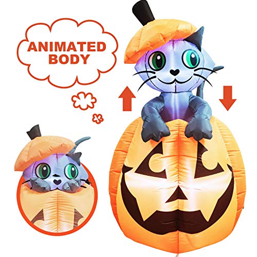 5 ft Tall Halloween Inflatable Animated Kitty Cat On Pumpkin Inflatable Yard Decoration with Build-in LEDs Blow Up Inflatables for Halloween Party Indoor, Outdoor, Yard, Garden, Lawn Decorations