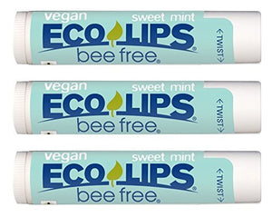 Vegan Lip Balm Sweet Mint by Eco Lips flavor 3 Pack Natural Bee Free with Candelilla Wax, Organic Cocoa Butter, & Coconut Oil Lip Care. 100% Plastic-Free Plant Pod Packaging - Made in USA