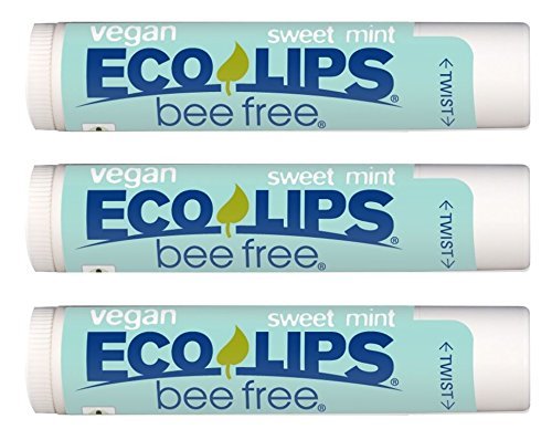 Vegan Lip Balm Sweet Mint by Eco Lips flavor 3 Pack Natural Bee Free with Candelilla Wax, Organic Cocoa Butter, & Coconut Oil Lip Care. 100% Plastic-Free Plant Pod Packaging - Made in USA