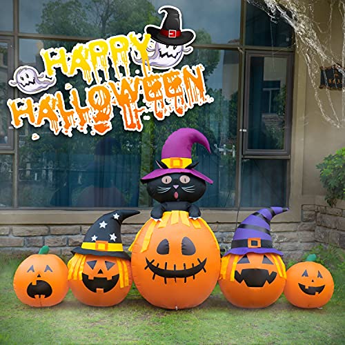 Rocinha Halloween Inflatables Pumpkin with Witch's Cat, 8 Ft Inflatable 5 Pumpkins Blow Up Yard Decoration with Build-in LEDs Halloween Lawn Decoration for Outdoor, Garden, Party, Indoor