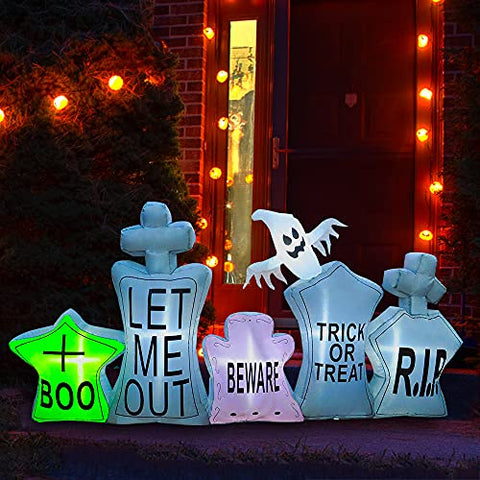 SEASONBLOW 7 Ft Inflatable Halloween Gravestone Tombstone Graveyard Headstone with Ghost Decoration for Yard Lawn Garden Home Party Indoor Outdoor Holiday Decor