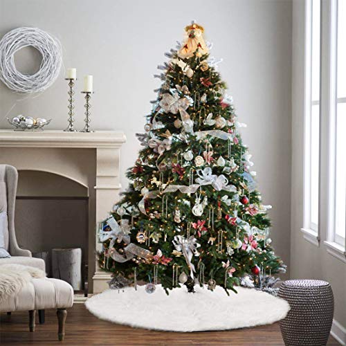 AOGU 48 Inch Faux Fur Christmas Tree Skirt White Plush Skirt for Merry Christmas Party Christmas Tree Decoration