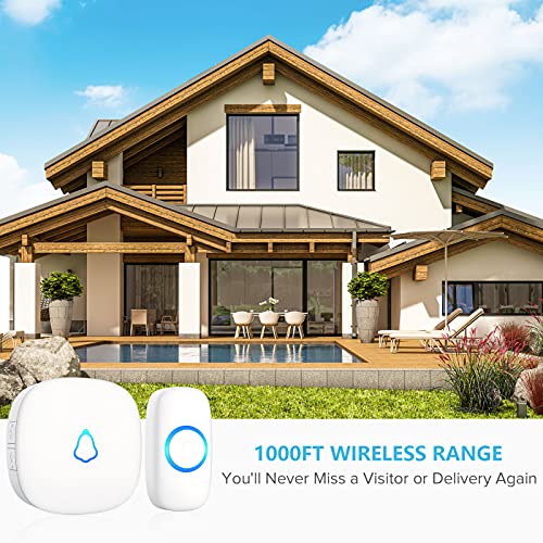 SECRUI Wireless Doorbell, Mini Door Bell with 58 Chimes 5 Volume Levels, 1 Waterproof Button 2 Plug in Receiver, White Doorbell with Led Blue light for Home/Classroom/Office