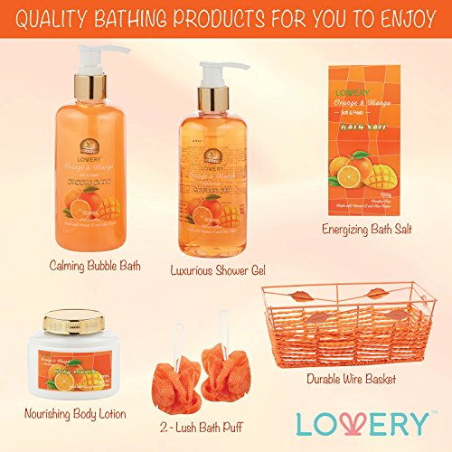Home Spa Gift Basket - Orange & Mango Fragrance - Luxurious 7 Piece Bath & Body Set For Women & Men, Contains Shower Gel, Bubble Bath, Body Lotion, Bath Salt, 2 Bath Poufs & Handmade Basket