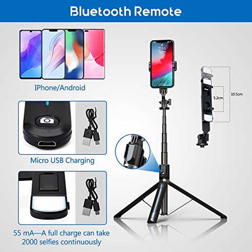 Selfie Stick Phone Tripod with Remote and LED Fill Lights - ASHINER 70 inch Heigh Cell Phone Holder for Travel, Vlogging, Live Streaming Video and Photos,Phone Stand Compatible with iPhone and Android